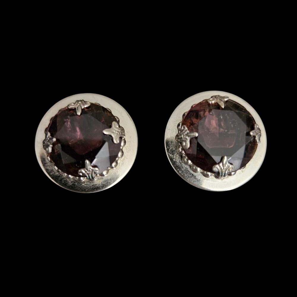 Vintage Style Faux Garnet Clip On Earrings Silver Tone Round Prong Set